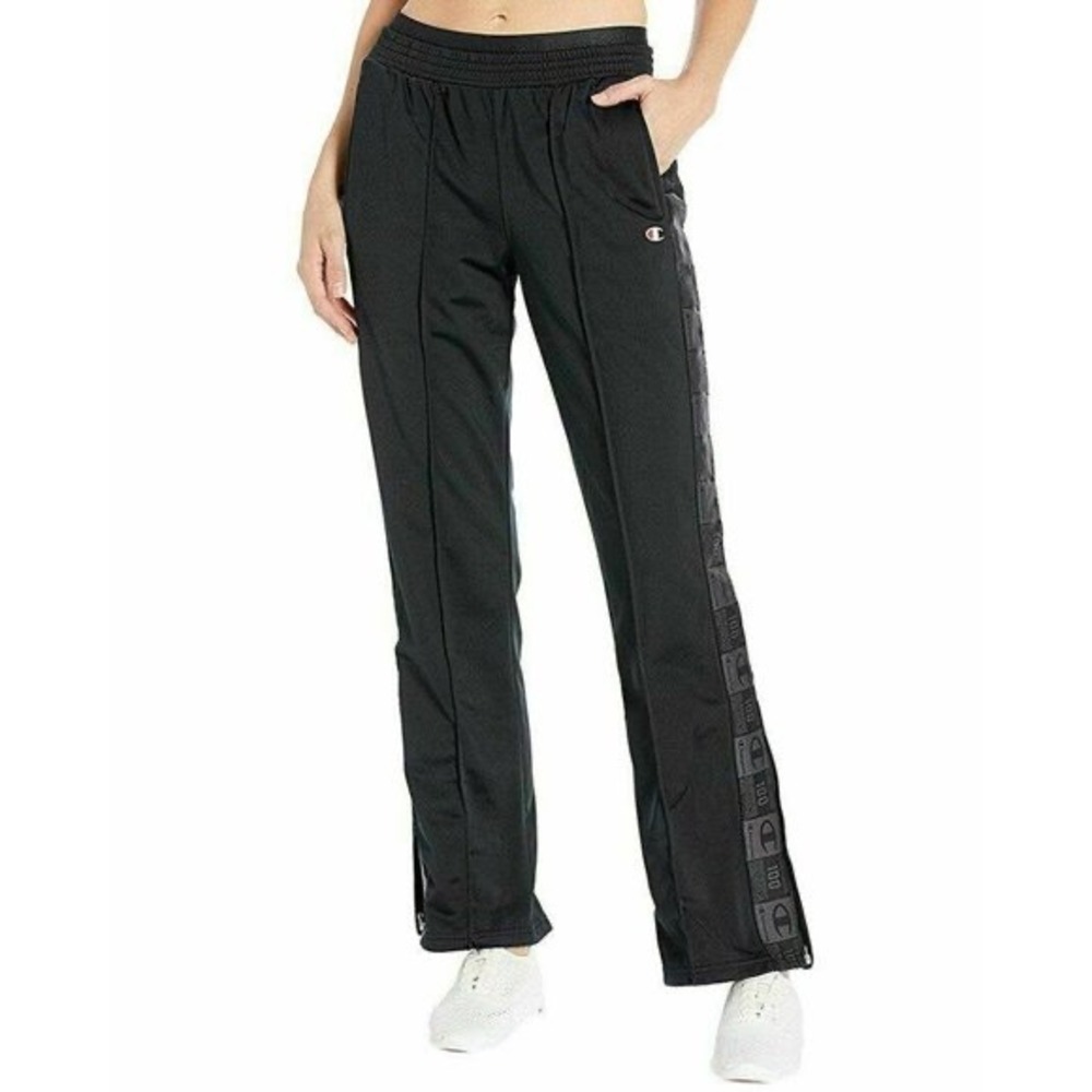Champion Womens Tricot Track Pants Black Side Logo Tape Large Activewear
